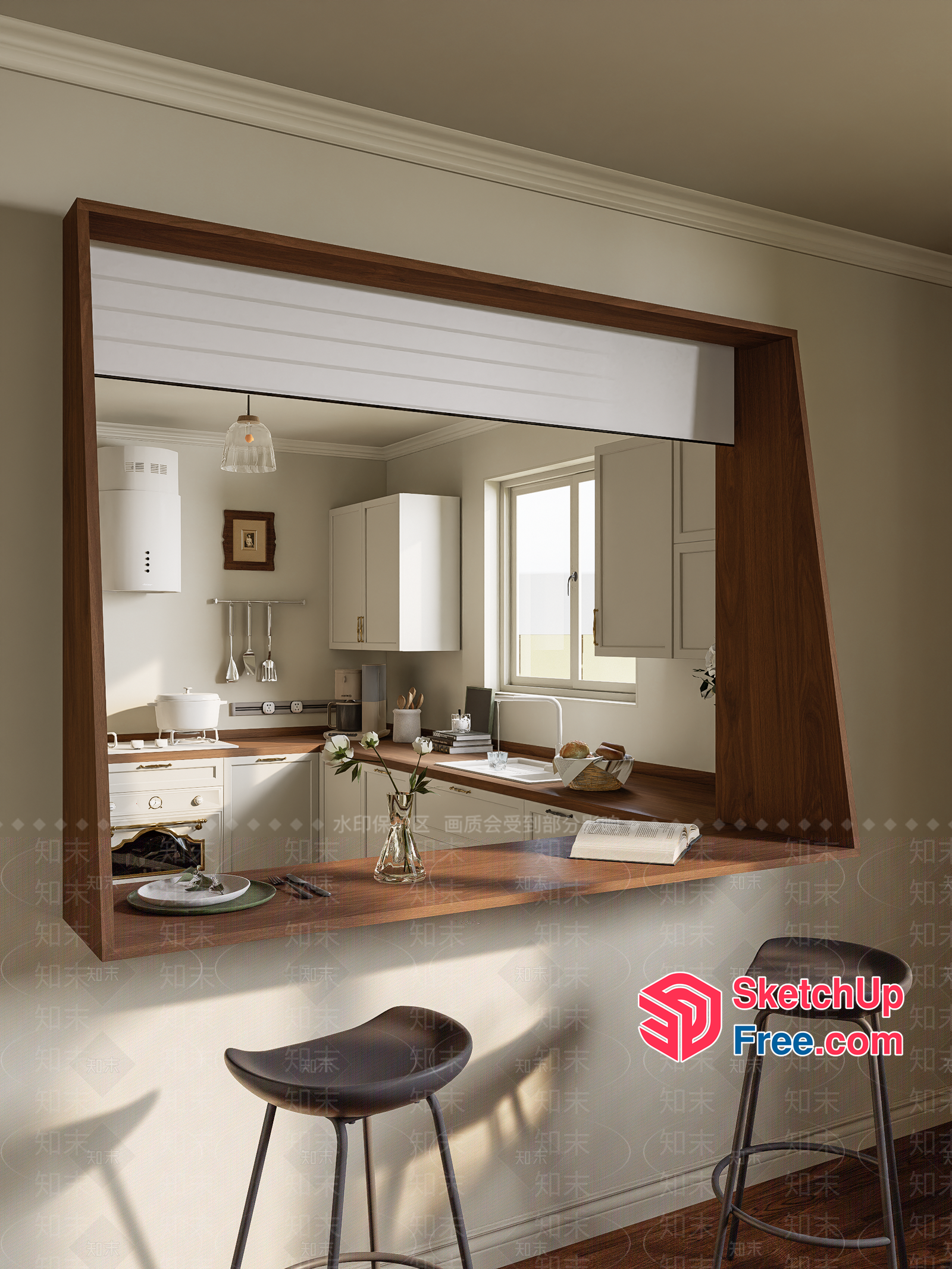 Modern Kitchen Interior With Wooden Countertops And Large Mirror 3D SketchUp File
