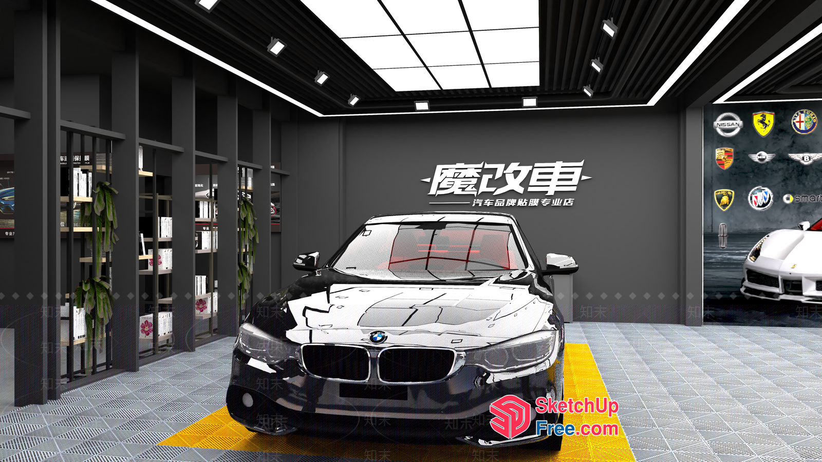 Sleek Black And White Bmw In Modern Interior Space 3D SketchUp File