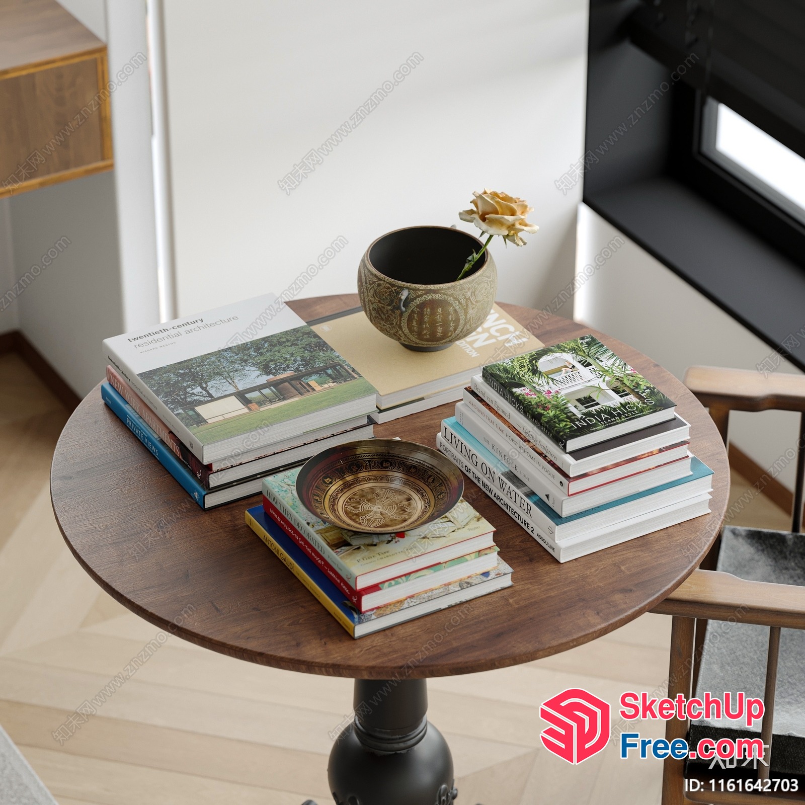 Round Wood Coffee Table With Books And Decorations 3D SketchUp File