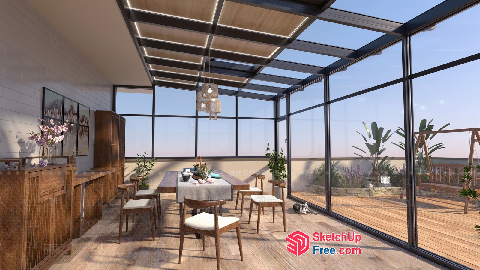 Modern Dining Room With Glass Curtain Wall And Wood Accents 3D SketchUp File