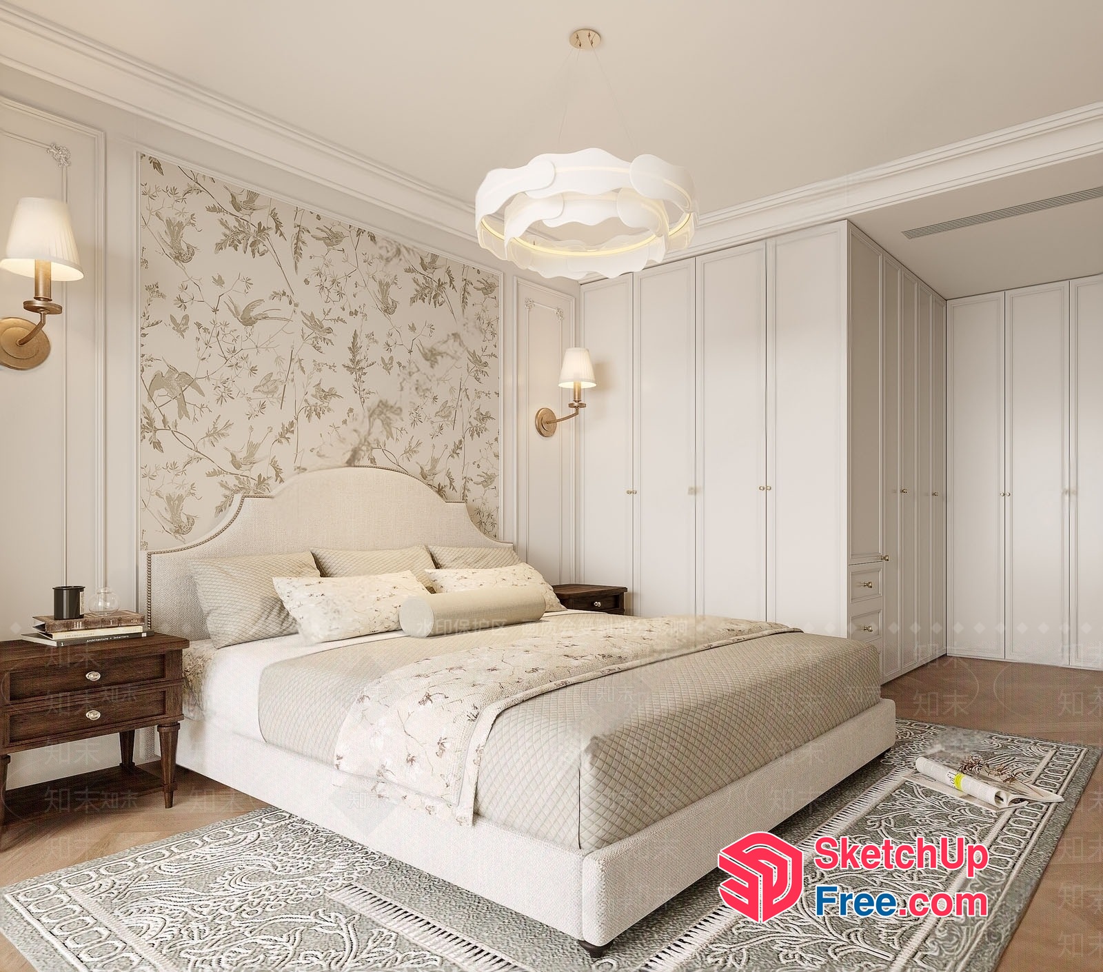 Elegant Creamy Style Bedroom With Floral Patterned Wall 3D SketchUp File