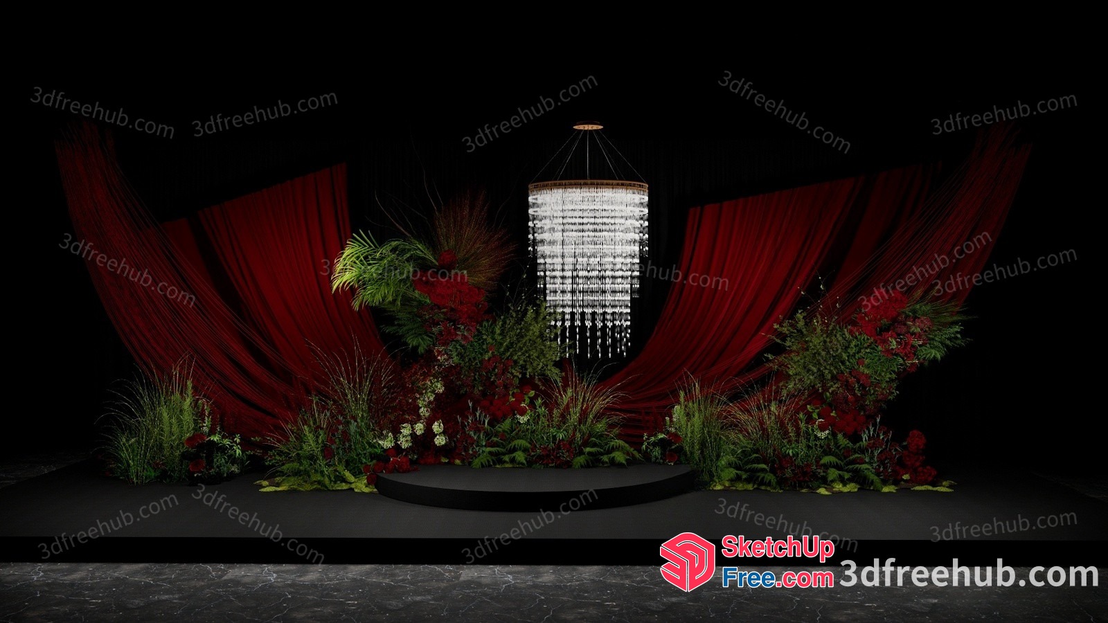 Elegant Stage Decor With Chandelier And Red Curtains 3D SketchUp File