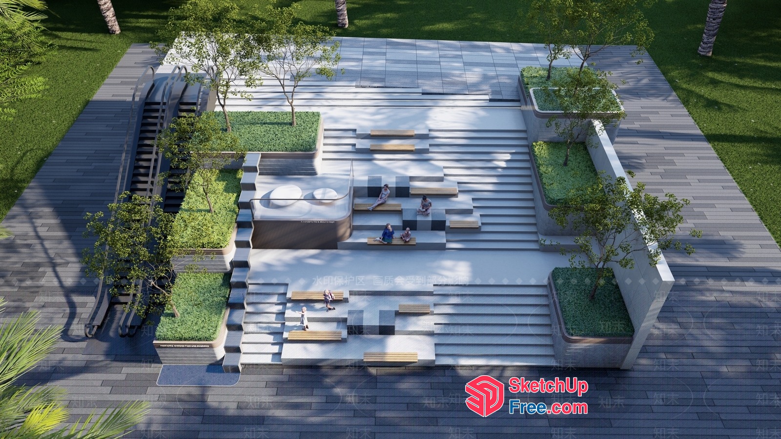 Modern Staircase With Bench Seating And Potted Plants 3D SketchUp File