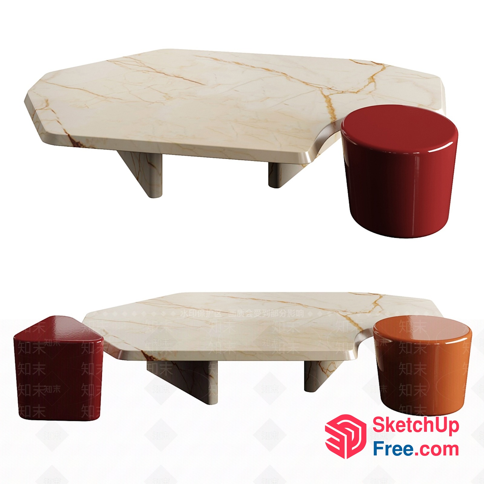 Modern Marble Coffee Table With Red And Brown Stools 3D SketchUp File