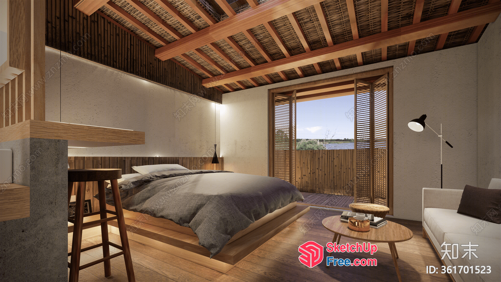 Modern Japanese-Style Bedroom With Wood Accents 3D SketchUp File
