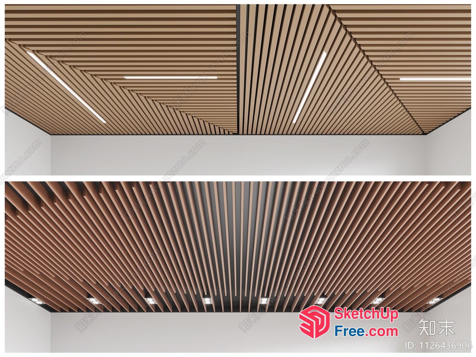 Modern Ceiling Design With Wooden Slats And Linear Lighting 3D SketchUp File