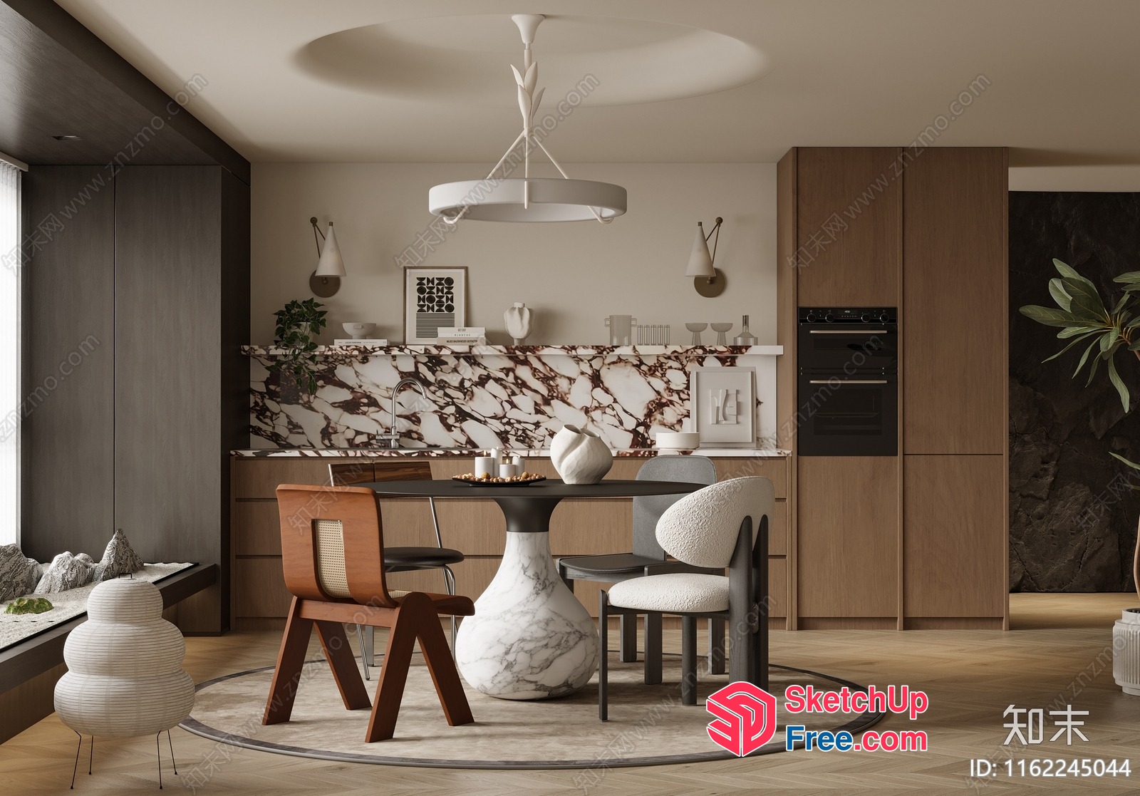 Modern Dining Room With Marble Table And Wooden Chairs 3D SketchUp File