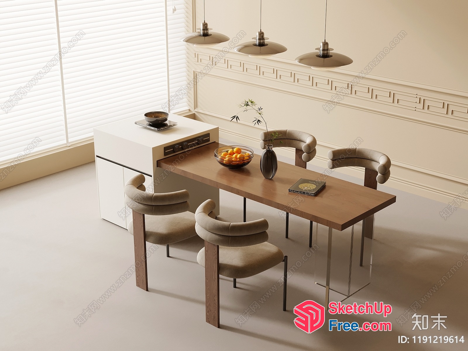 Elegant Minimalist Dining Room With Wooden Table And Beige Chairs 3D SketchUp File
