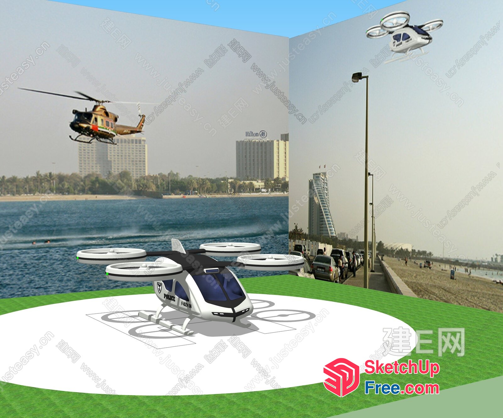 Helicopter Landing Pad With Two Helicopters And Cityscape 3D SketchUp File