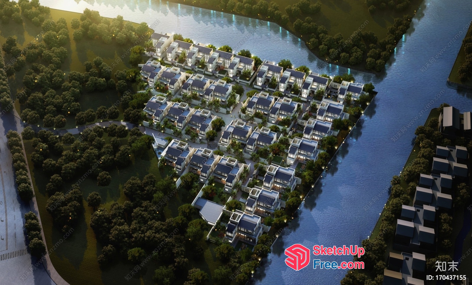 Aerial View Of A Residential Neighborhood With A River Running Through It 3D SketchUp File