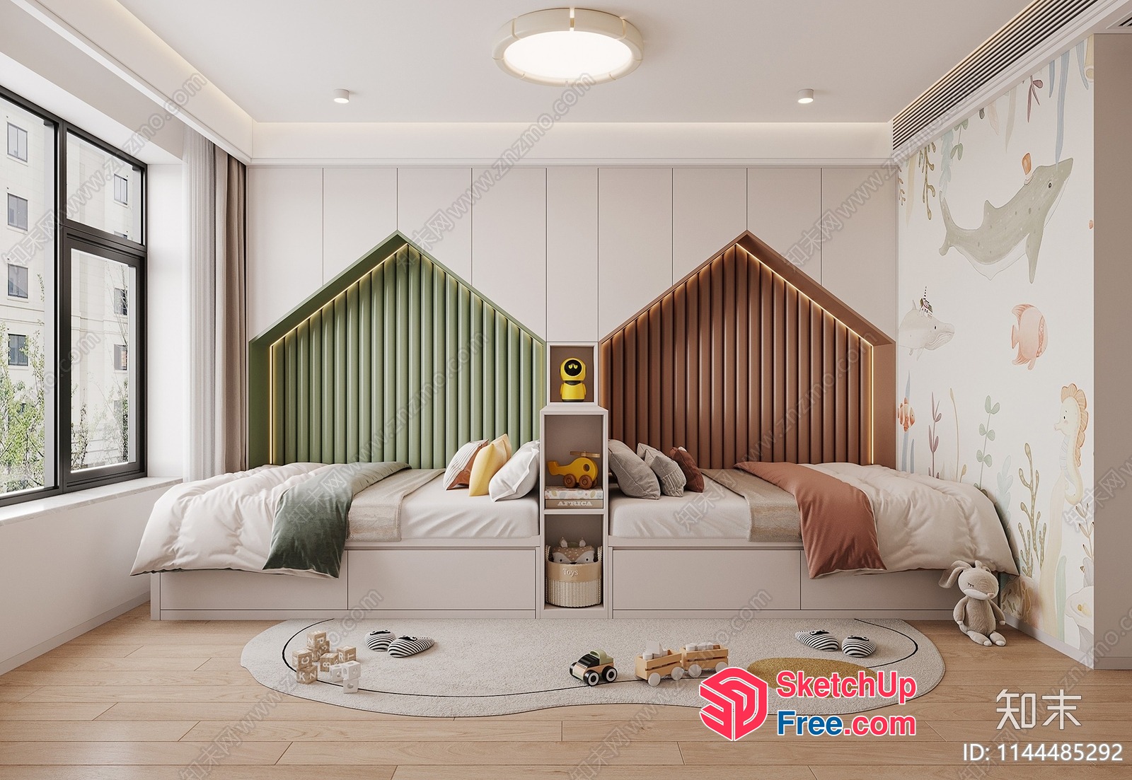 Cozy Children'S Bedroom With Two Beds And Decorative Pillows 3D SketchUp File