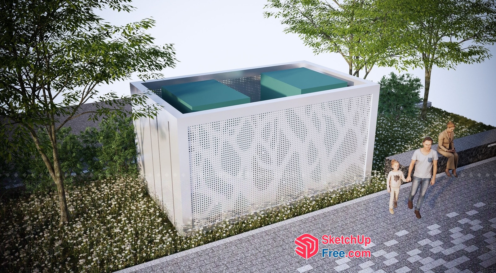 Outdoor Seating Area With Perforated White Structure And Green Benches 3D SketchUp File
