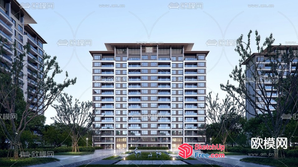 Modern High-Rise Apartment Building With Elegant Facade 3D SketchUp File