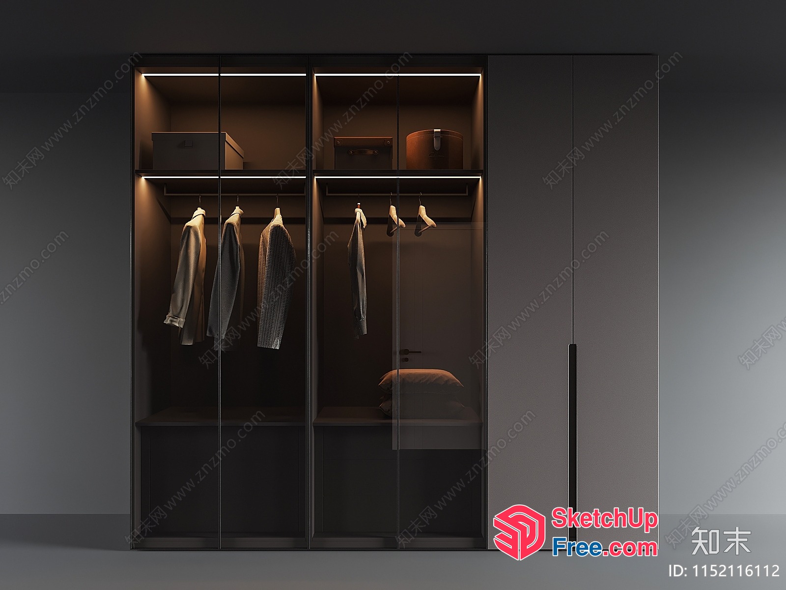 Modern Dark Gray Wardrobe With Led Lighting 3D SketchUp File