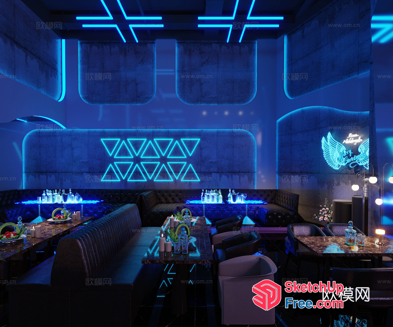 Modern Bar Interior With Neon Lights And Marble Tables 3D SketchUp File