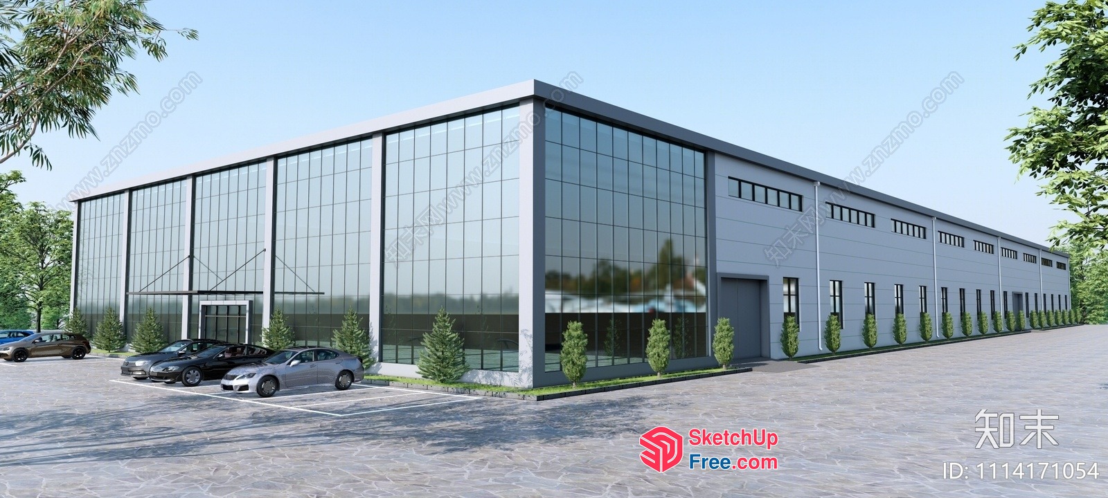 Modern Industrial Building With Glass Curtain Wall 3D SketchUp File