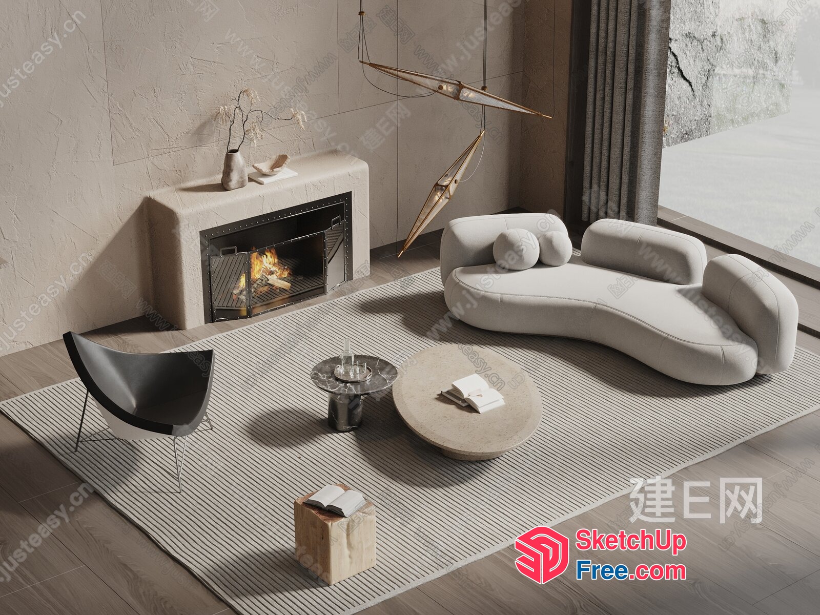 Modern Living Room With Fireplace And Curved Sofa 3D SketchUp File
