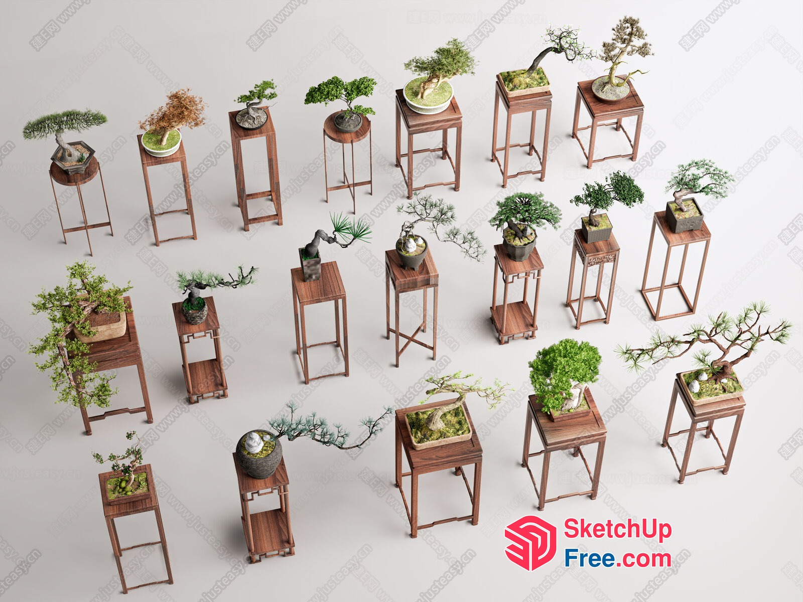 3D Models Of Various Potted Plants On Wooden Stands 3D SketchUp File