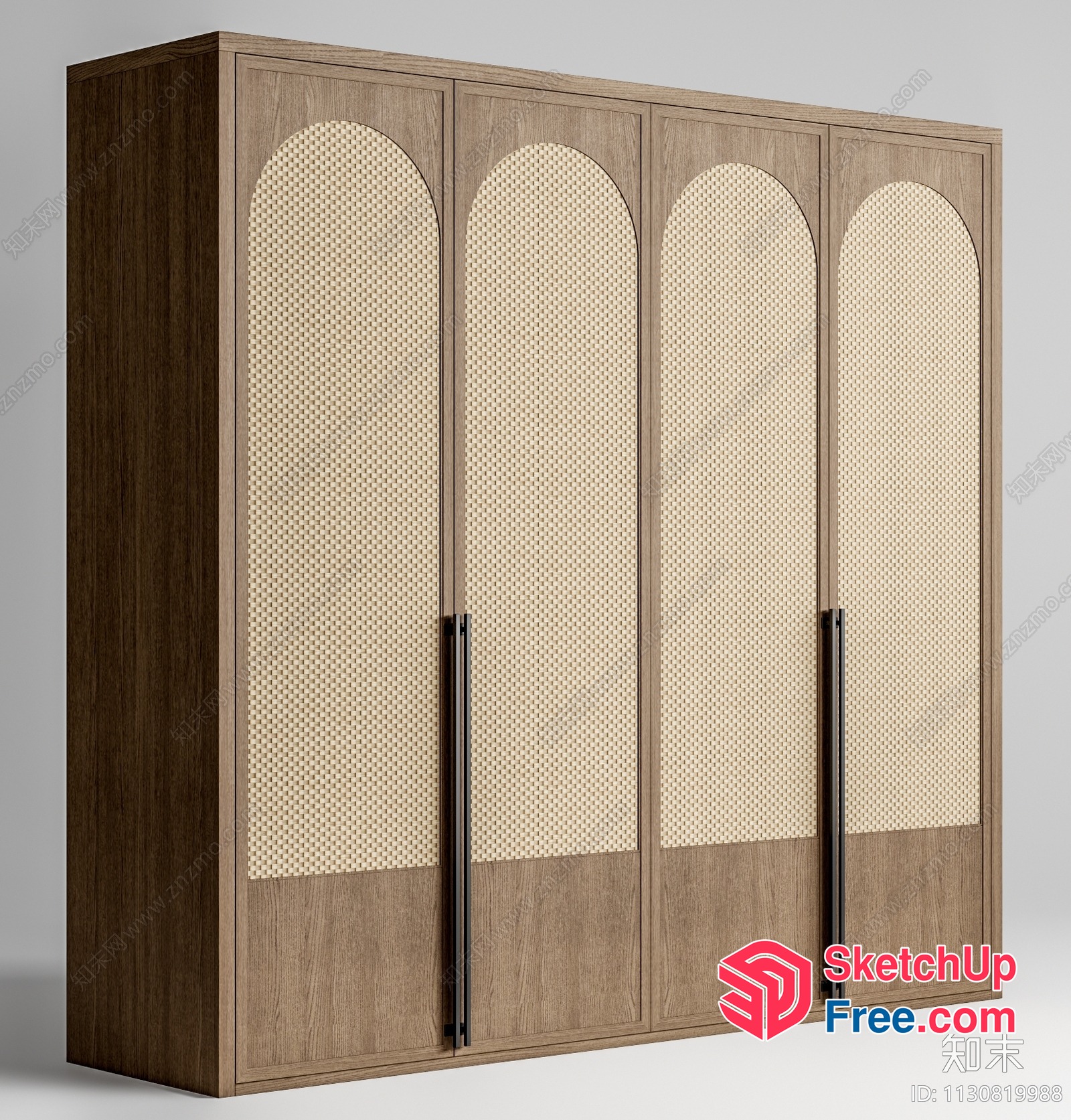Four-Door Wardrobe With Rattan Panel And Black Handles 3D SketchUp File