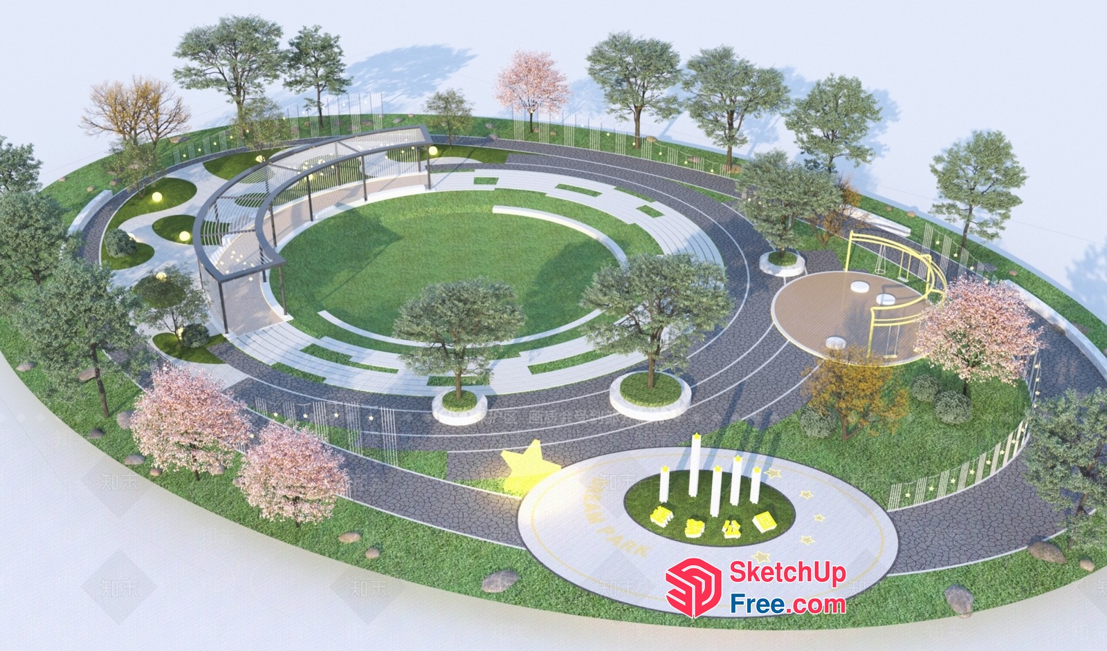 Modern Circular Outdoor Park With Greenery And Amenities 3D SketchUp File