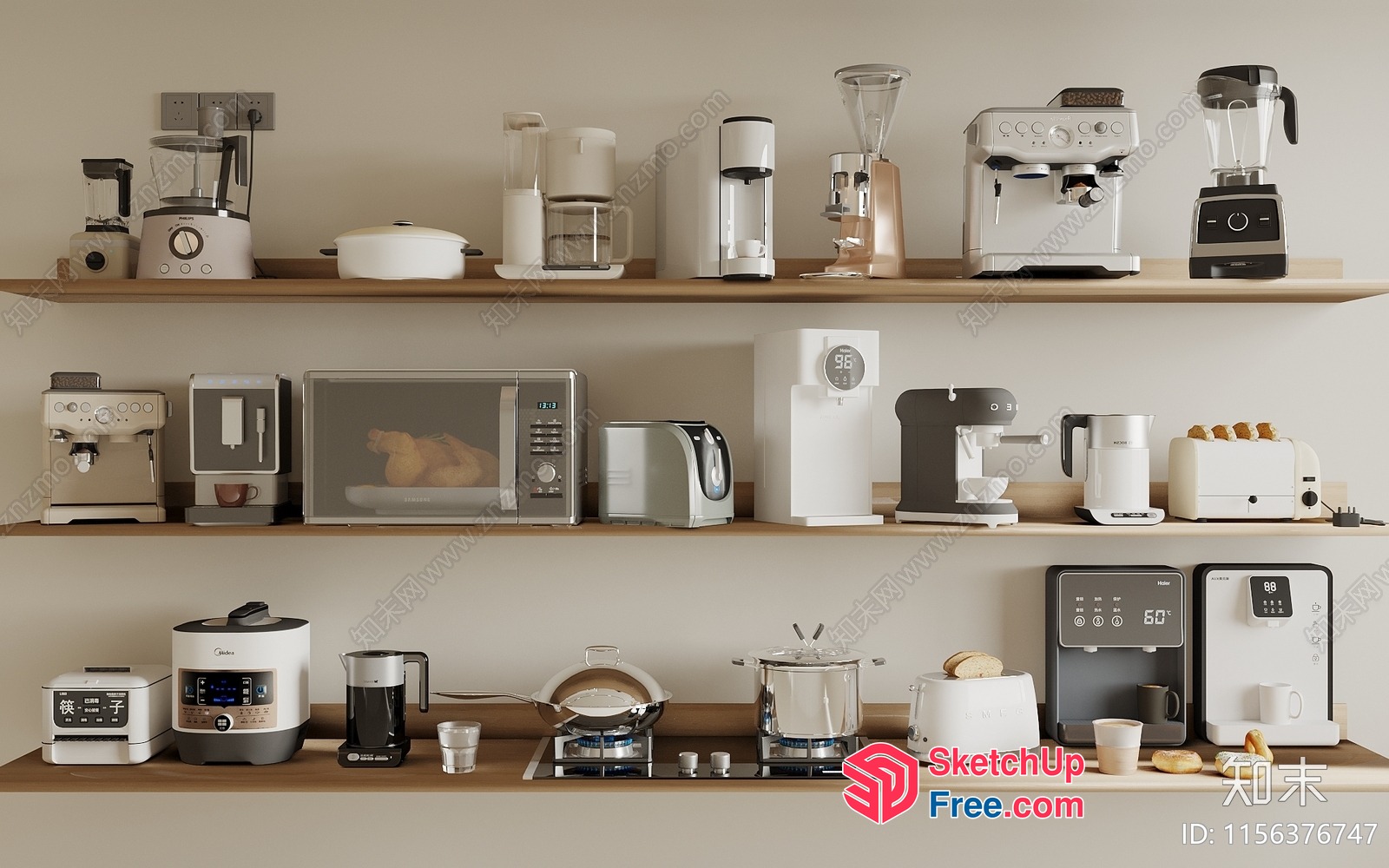 Modern Kitchen Appliances On Wooden Shelves 3D SketchUp File
