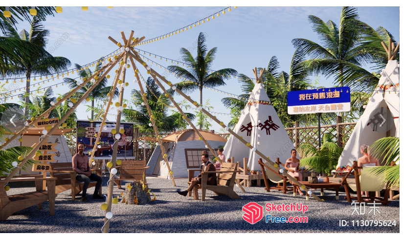 Tropical Outdoor Seating Area With Teepees And Palm Trees 3D SketchUp File