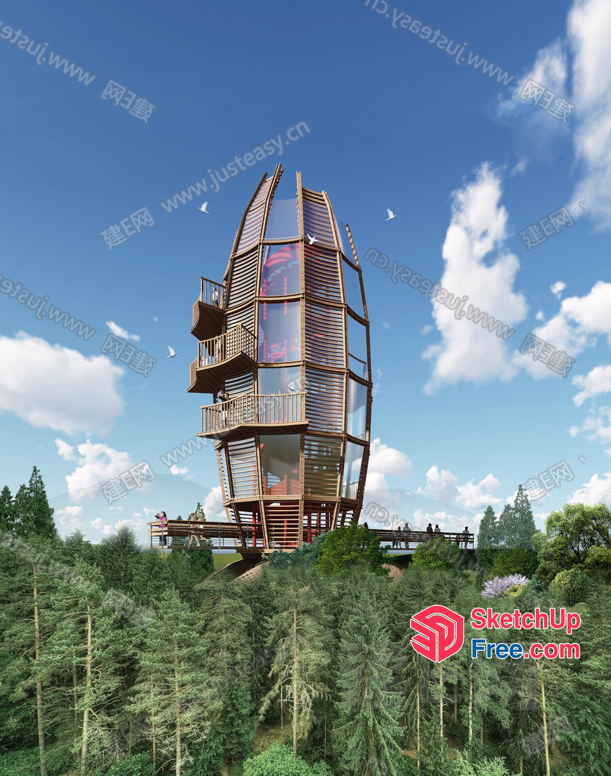 Tall Wooden Tower In A Forest Landscape 3D SketchUp File