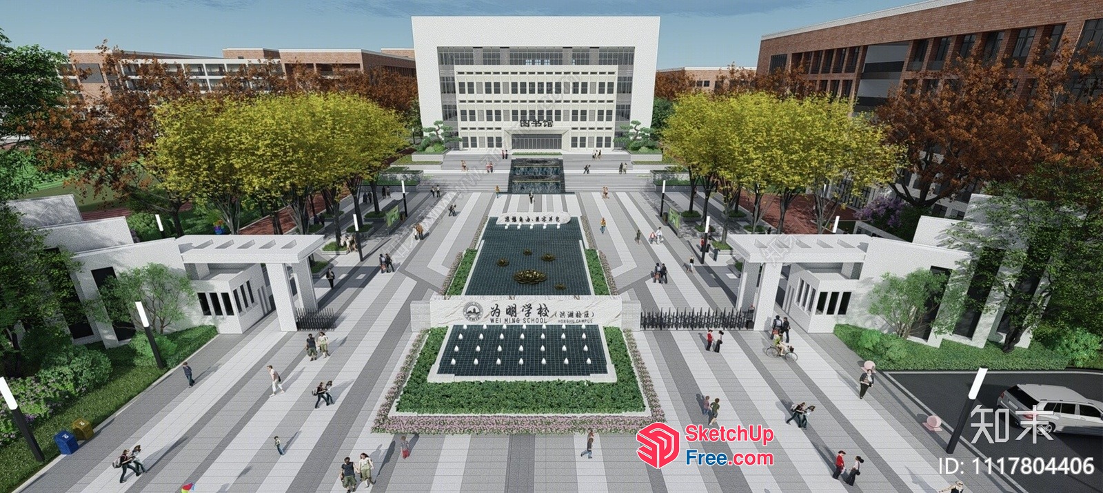 A Large White Building With A Central Courtyard And Fountain 3D SketchUp File