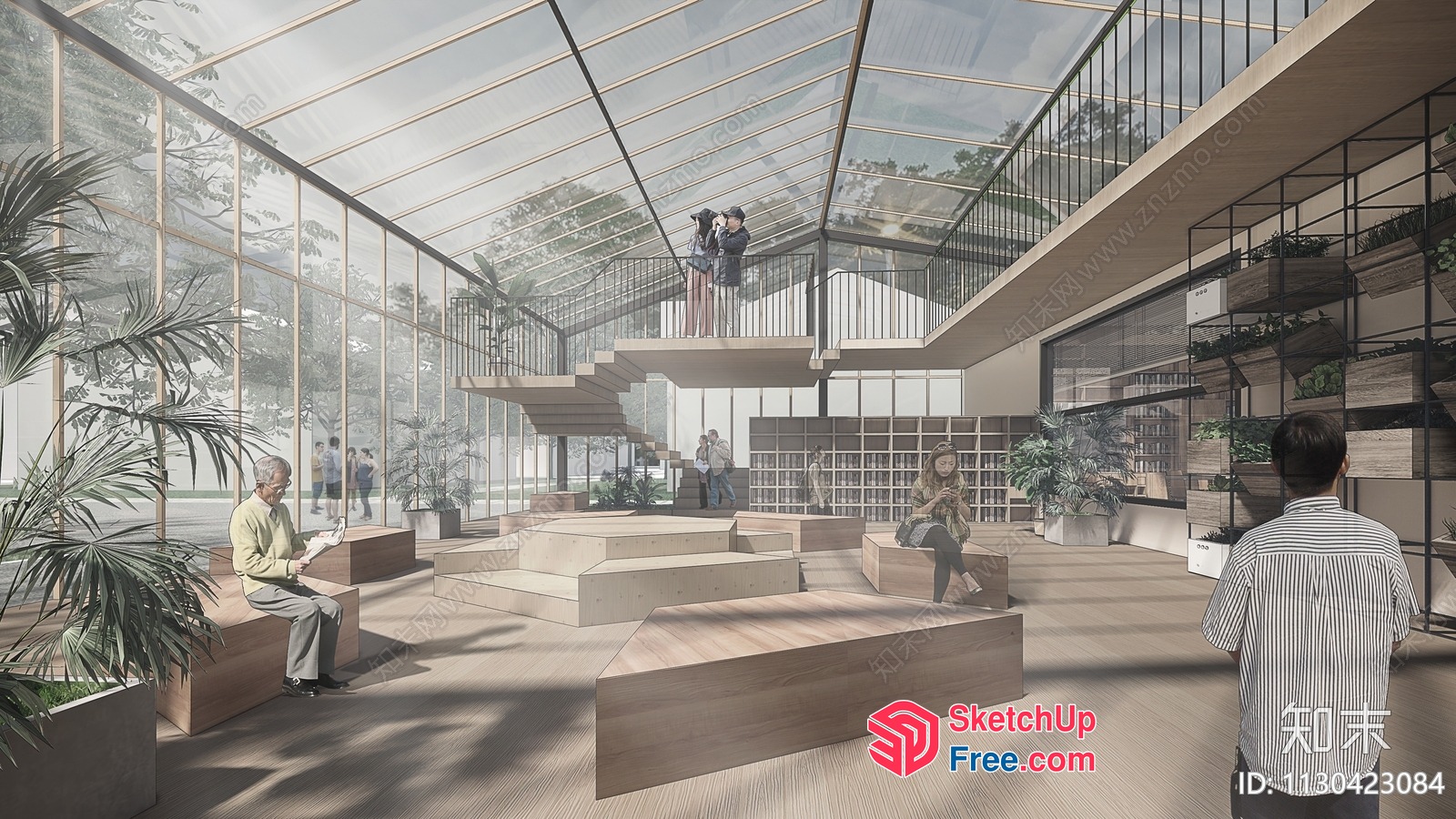 Modern Glass Atrium With Staircase And Planters 3D SketchUp File