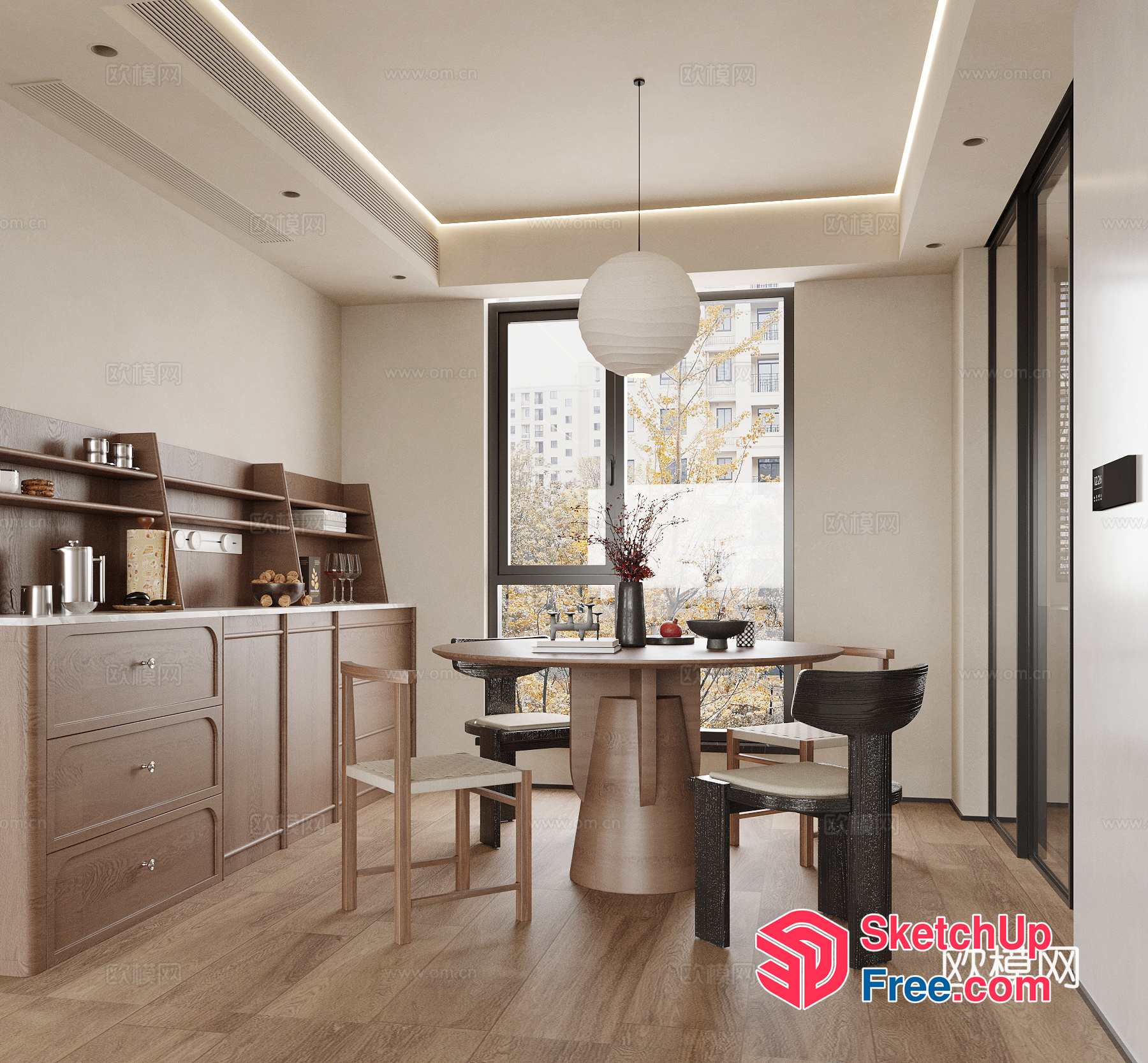 Modern Minimalist Dining Room With Wooden Furniture And Large Window 3D SketchUp File