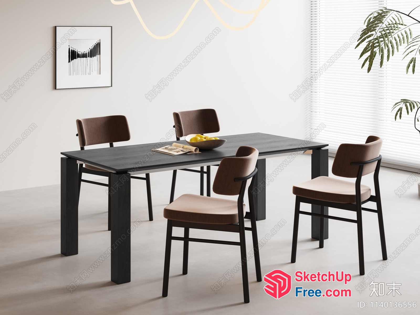 Minimalist Dining Room With Black Table And Brown Chairs 3D SketchUp File