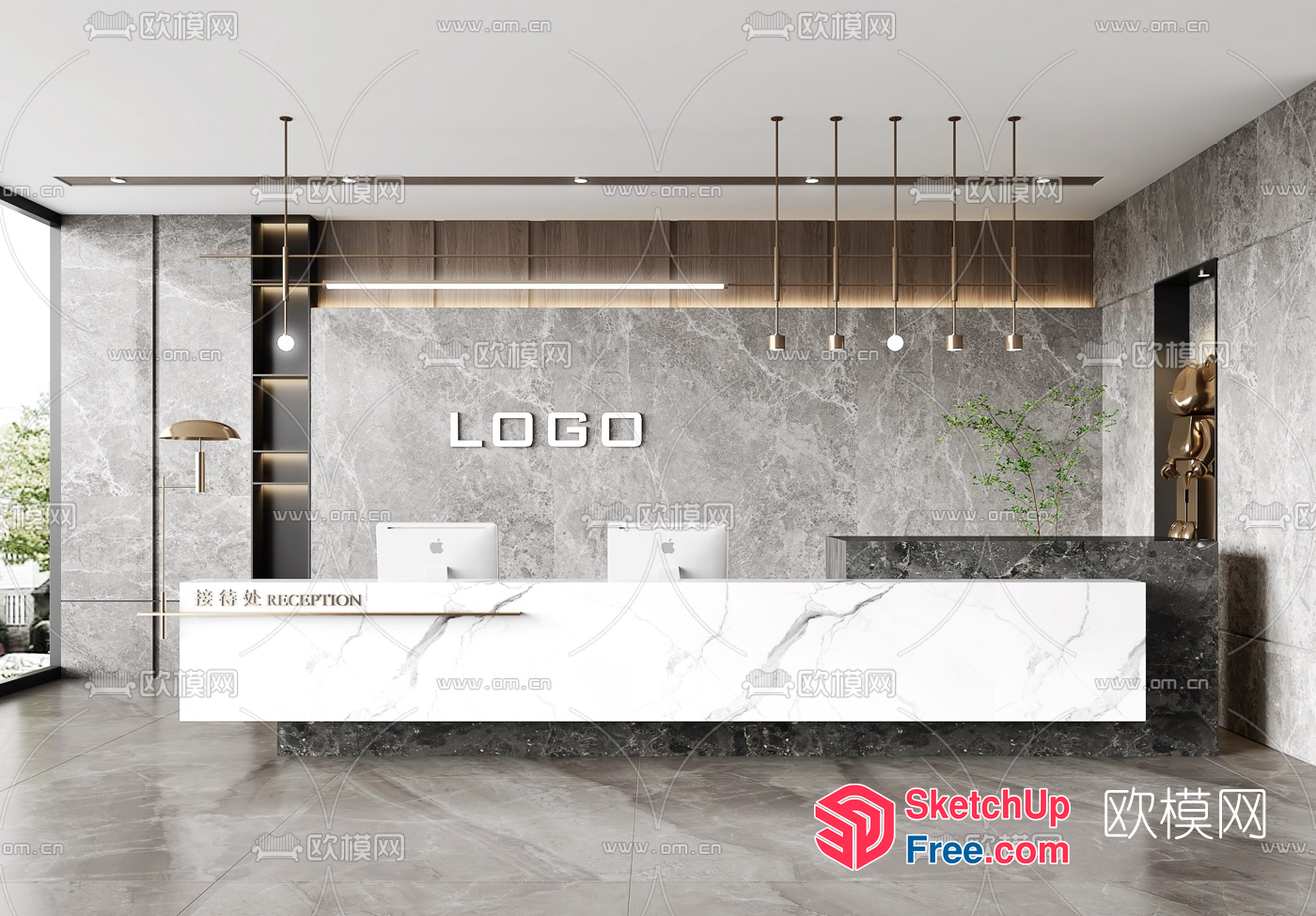 Reception Desk With Marble Countertop And Shelves 3D SketchUp File