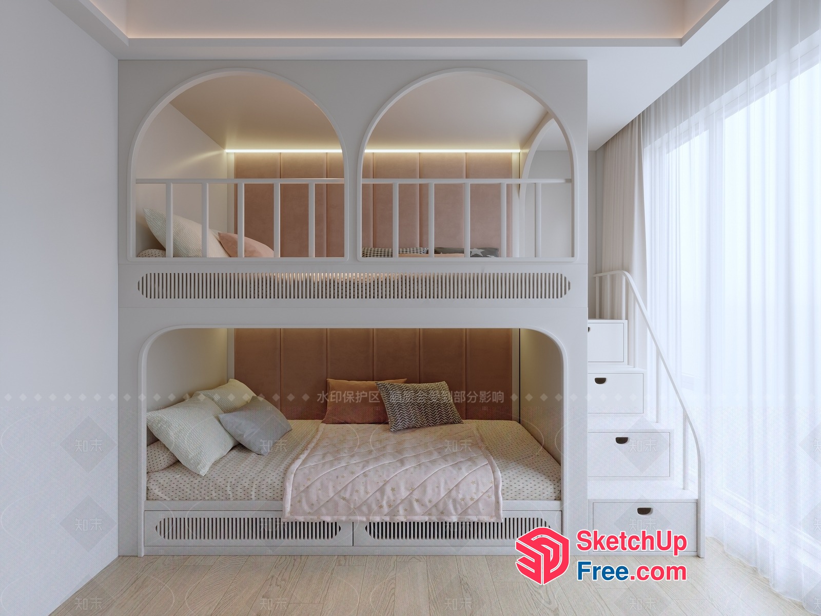 Elegant White Staircase Leading To Cozy Bunk Beds 3D SketchUp File