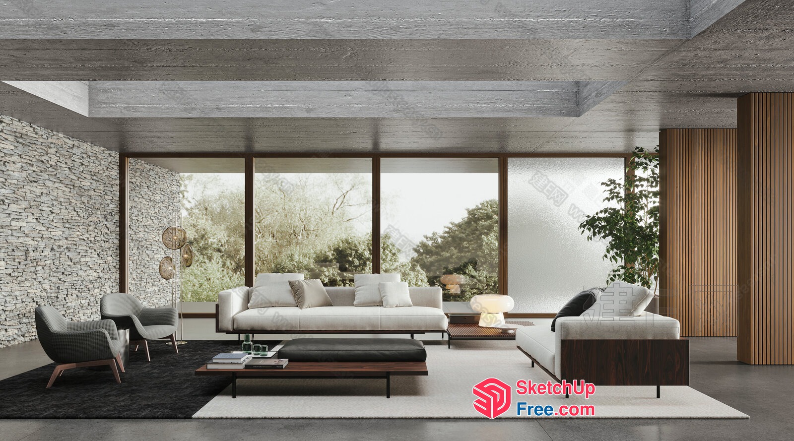 Modern Living Room With Large Windows And Natural Light 3D SketchUp File