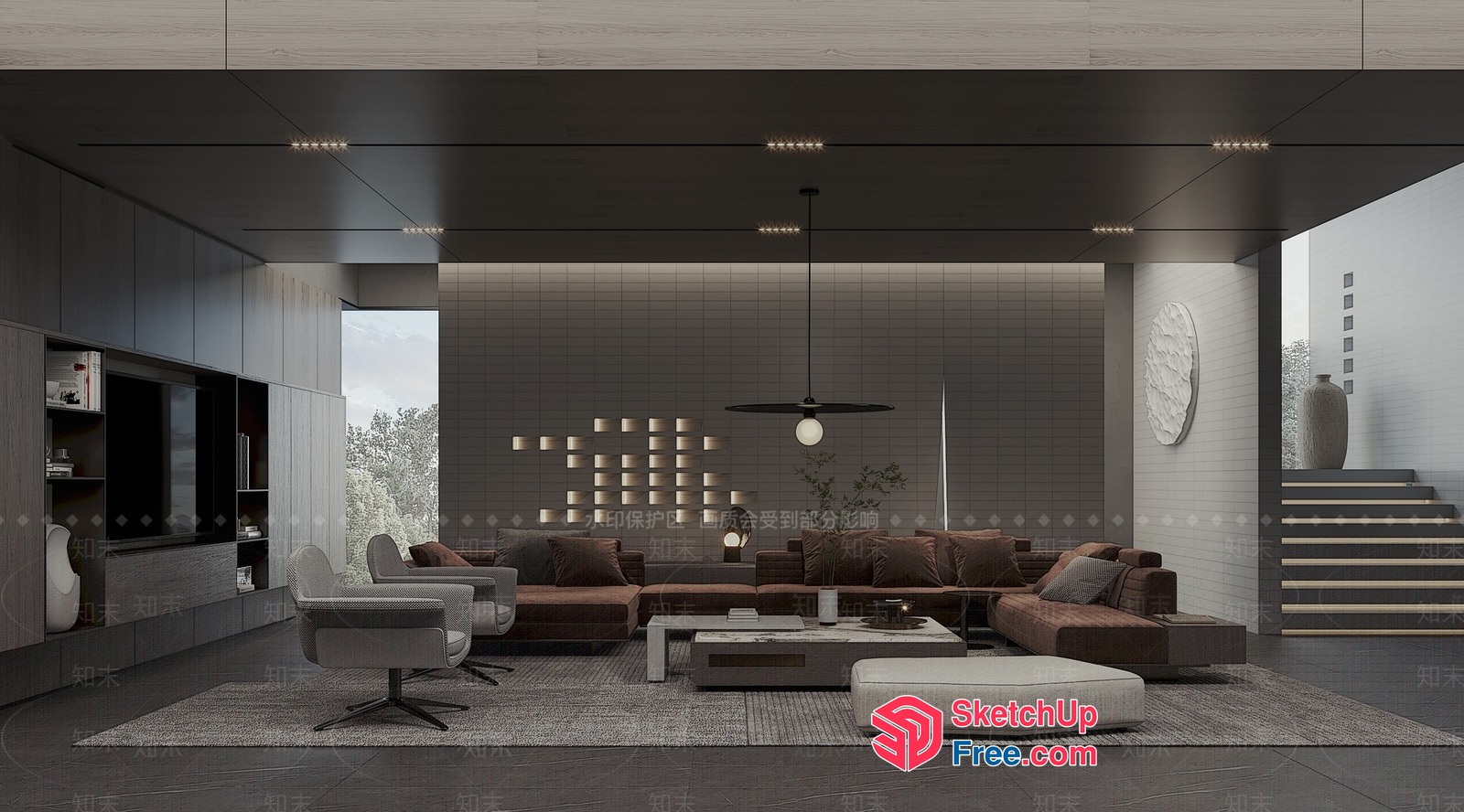 Modern Living Room With Brown Furniture And White Walls 3D SketchUp File