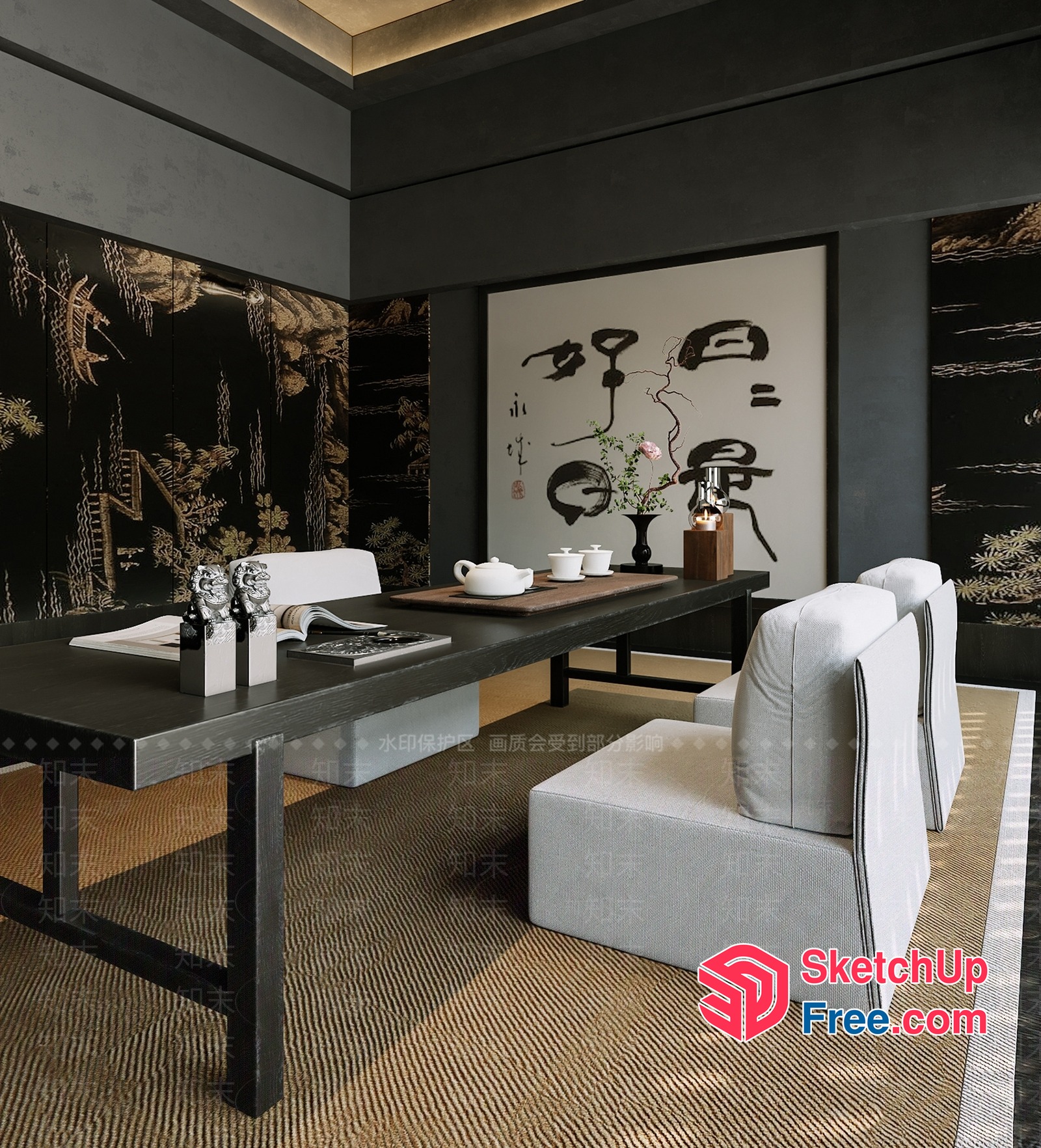 Modern Asian-Inspired Dining Room With Black And White Decor 3D SketchUp File