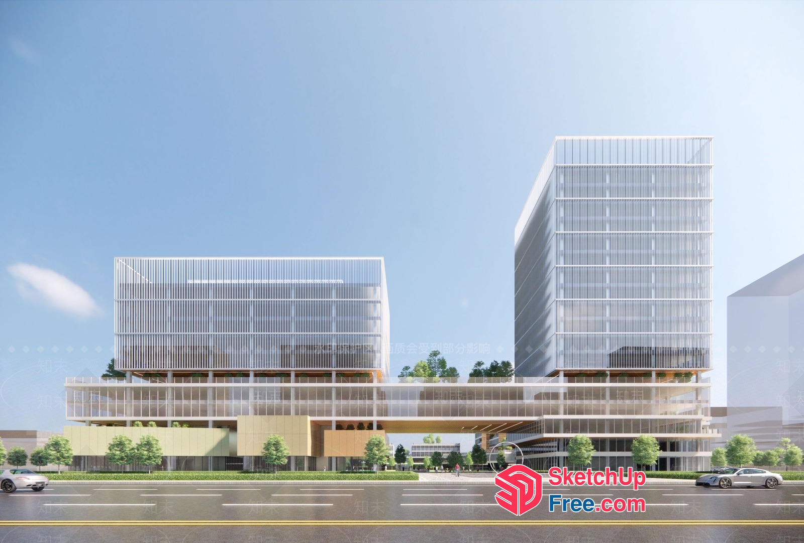 Modern Glass Curtain Wall Office Building 3D SketchUp File