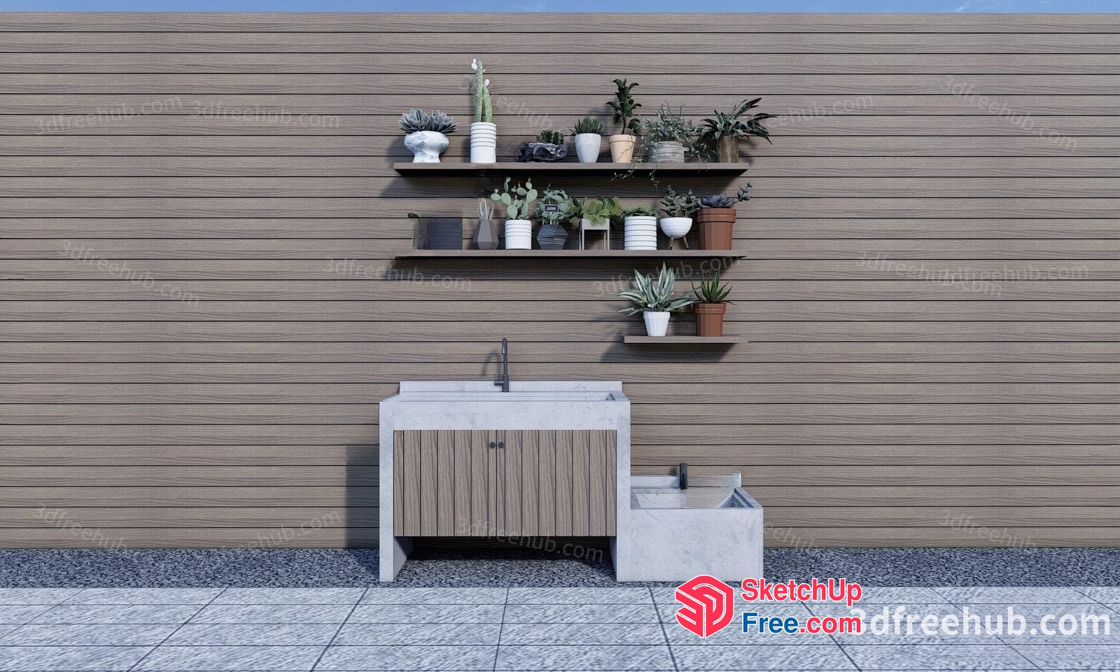 Modern Outdoor Kitchen With Potted Plants And Shelves 3D SketchUp File