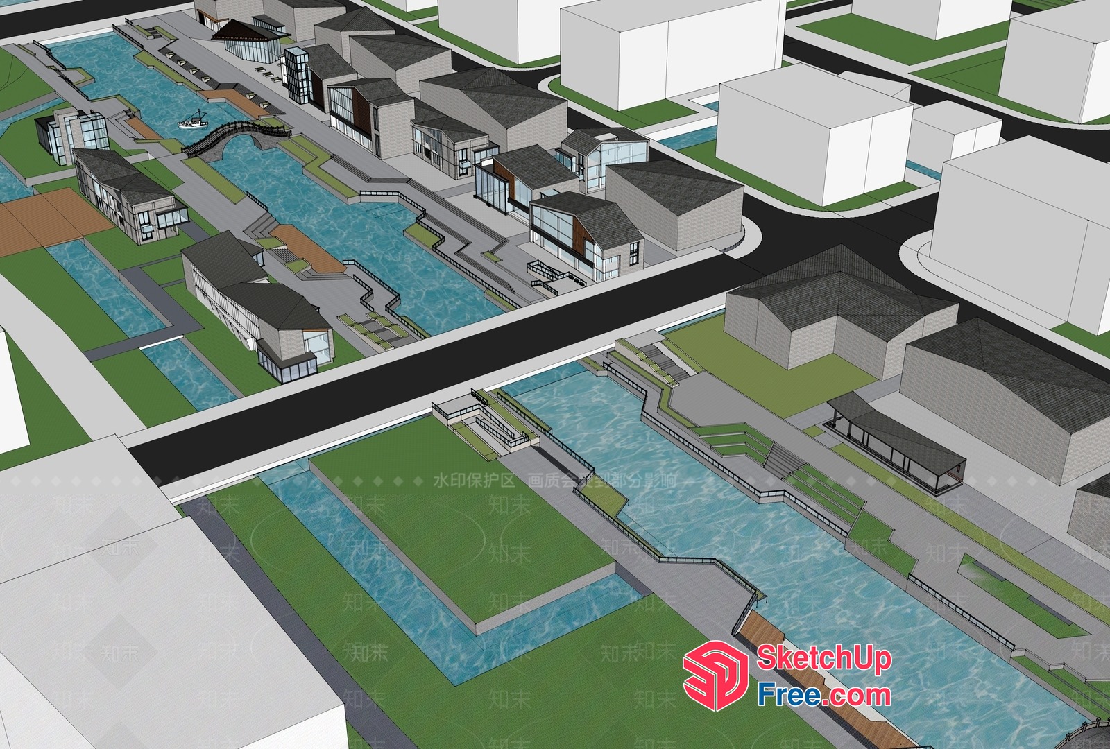 Modern Waterfront Community With Canals And Green Spaces 3D SketchUp File