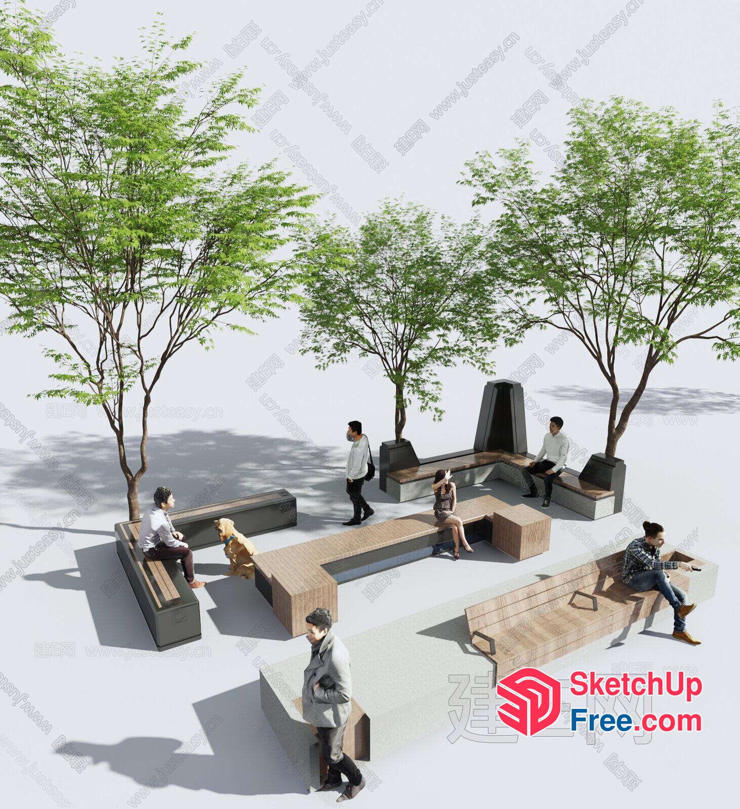 People And Trees In A Modern Outdoor Seating Area 3D SketchUp File