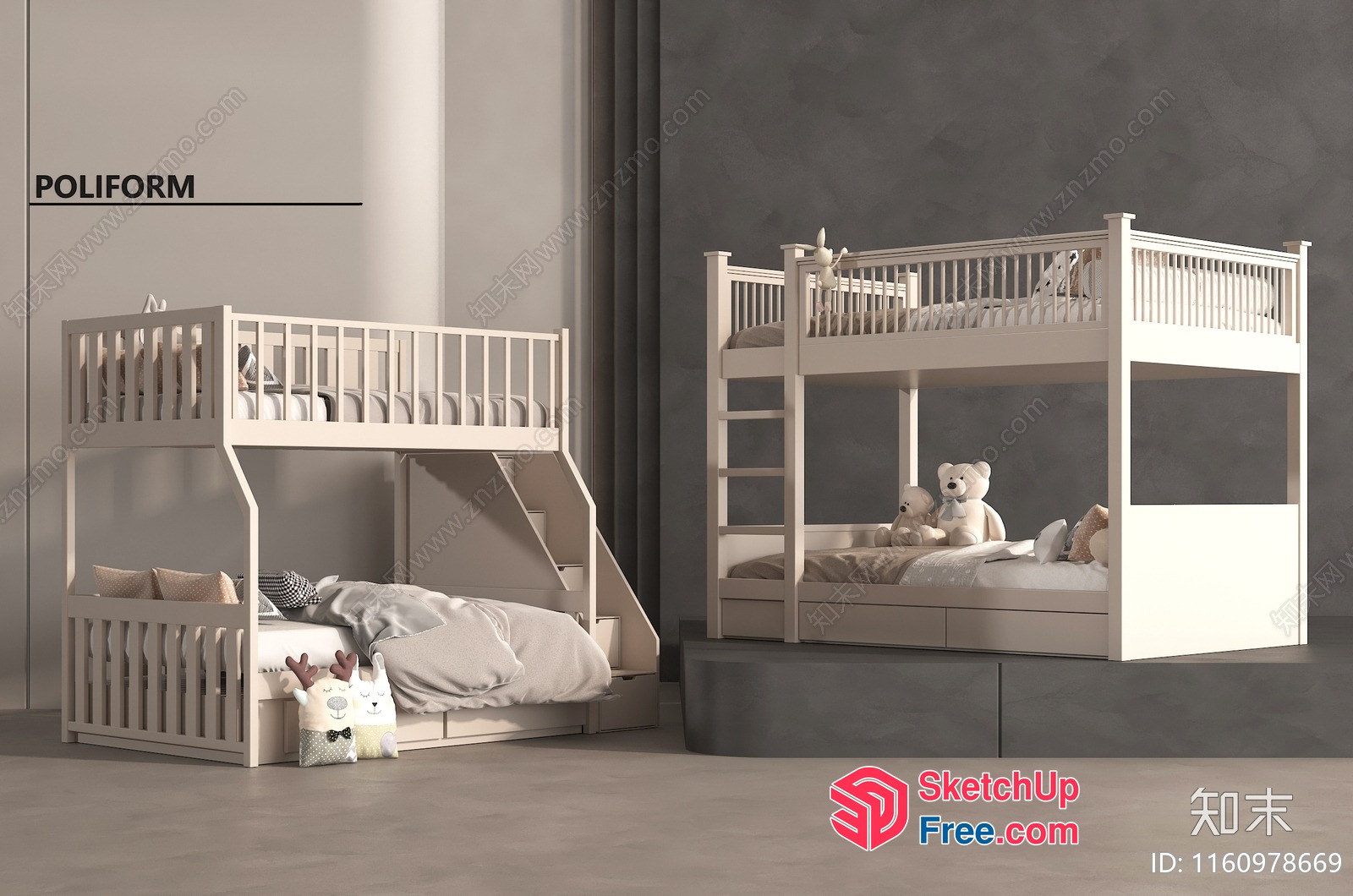 Modern Minimalist White Children'S Bedroom Furniture Set 3D SketchUp File
