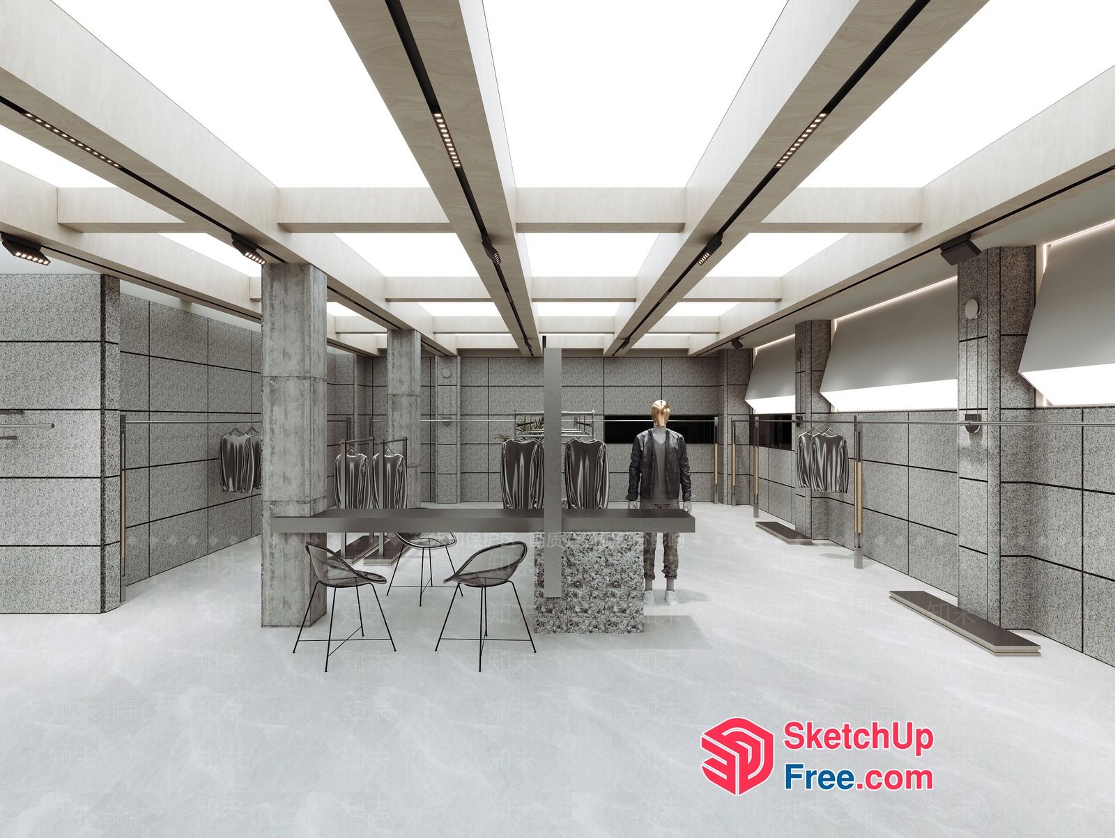 Modern Minimalist Gray Stone And Concrete Commercial Interior 3D SketchUp File