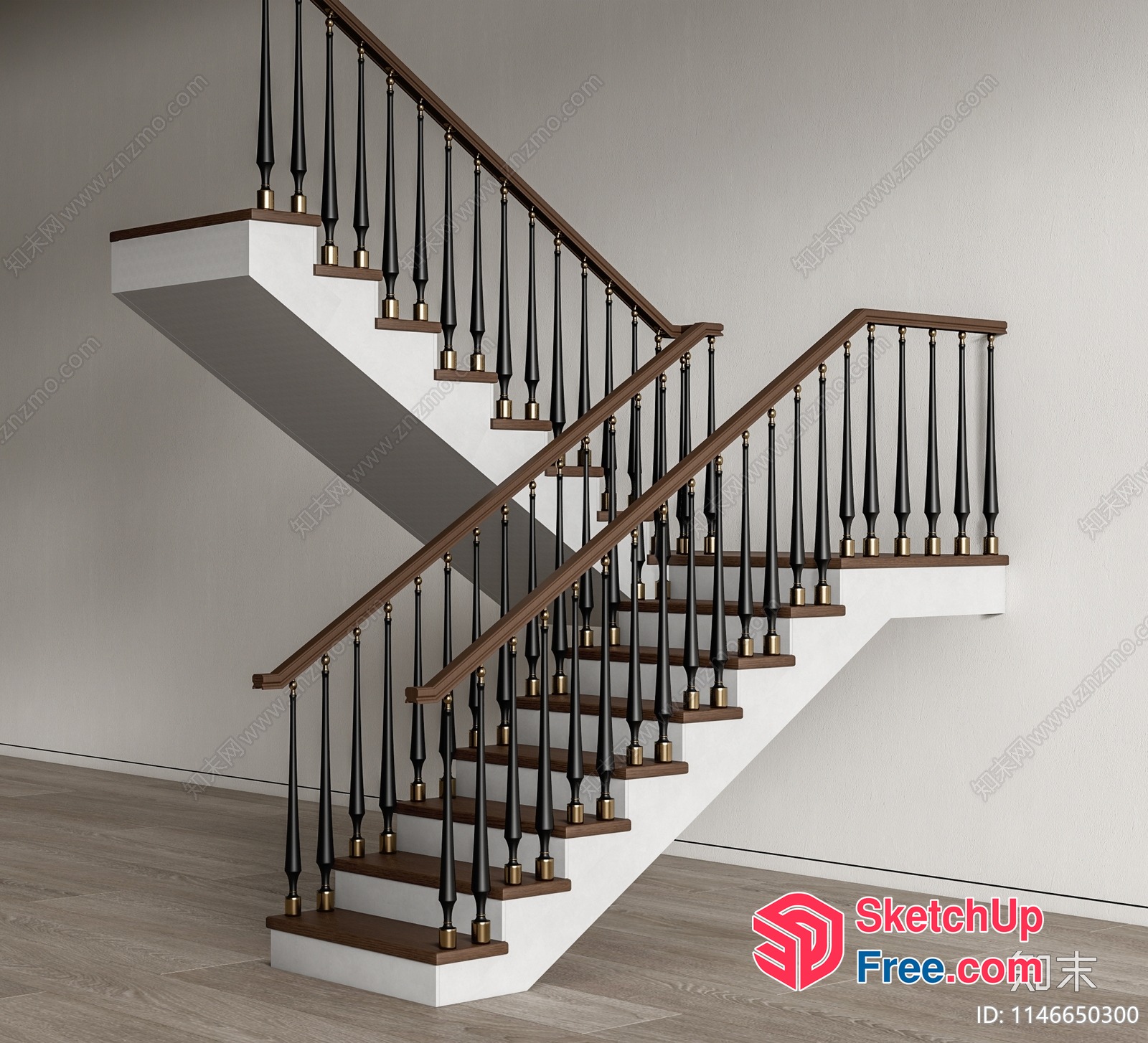Staircase With Wooden Steps And Black Railing 3D SketchUp File