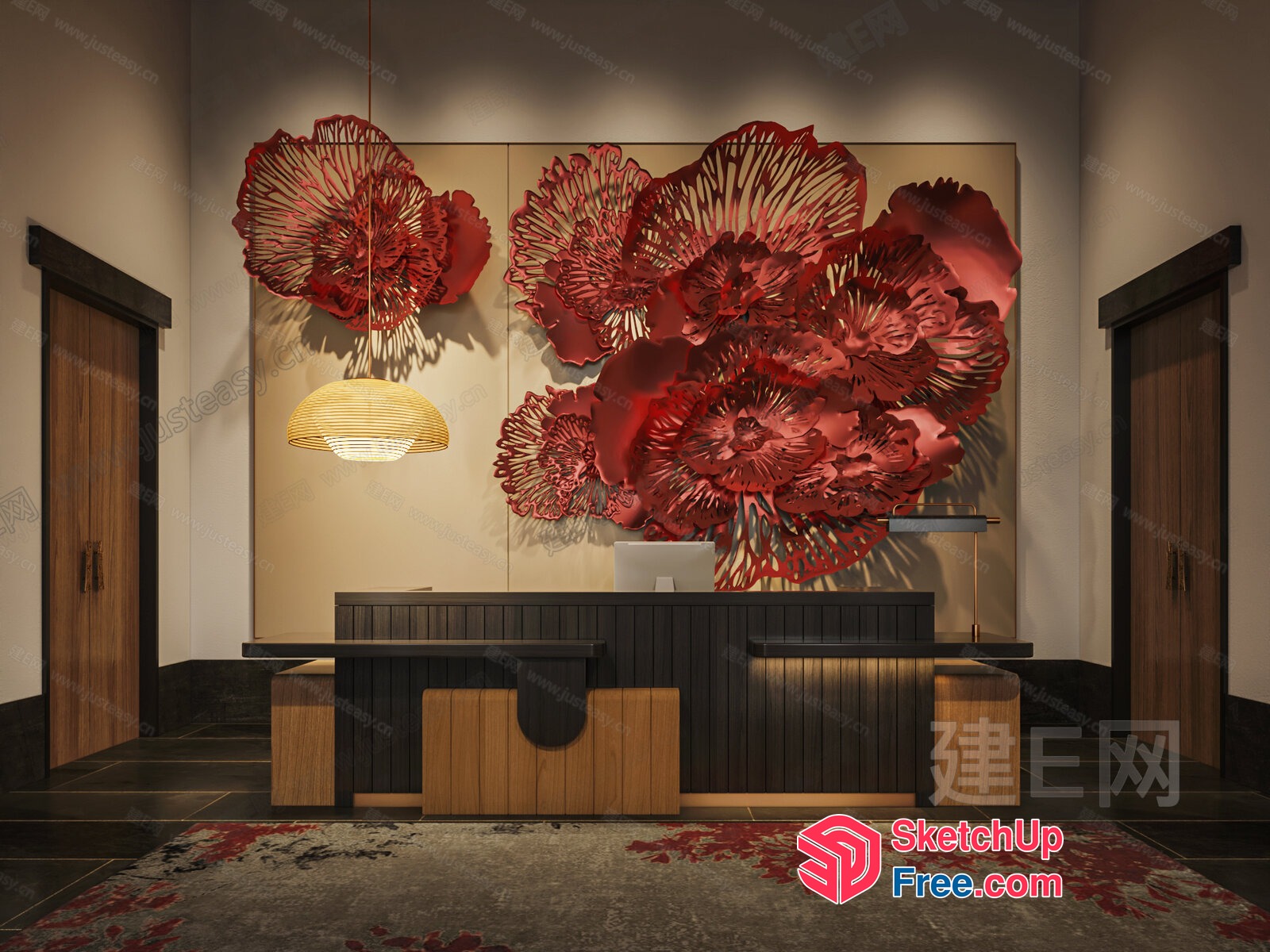 Luxurious Modern Office Reception Desk With Elegant Red Floral Decor 3D SketchUp File