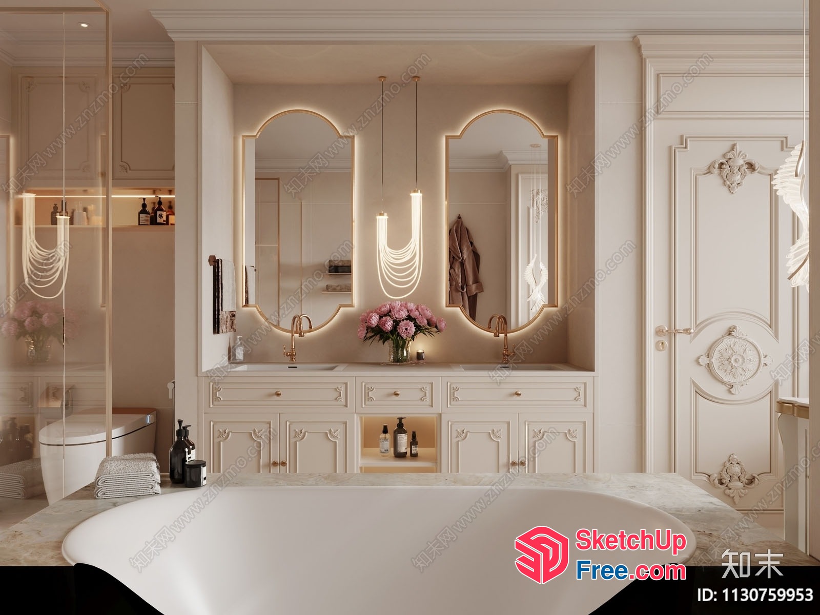 Elegant Creamy Style Bathroom With Bathtub And Sink 3D SketchUp File