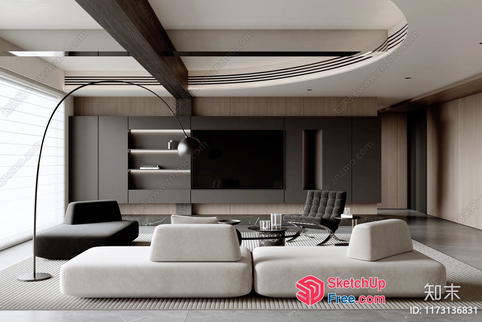 Modern Minimalist Living Room With Curved Ceiling And Neutral Color Scheme 3D SketchUp File