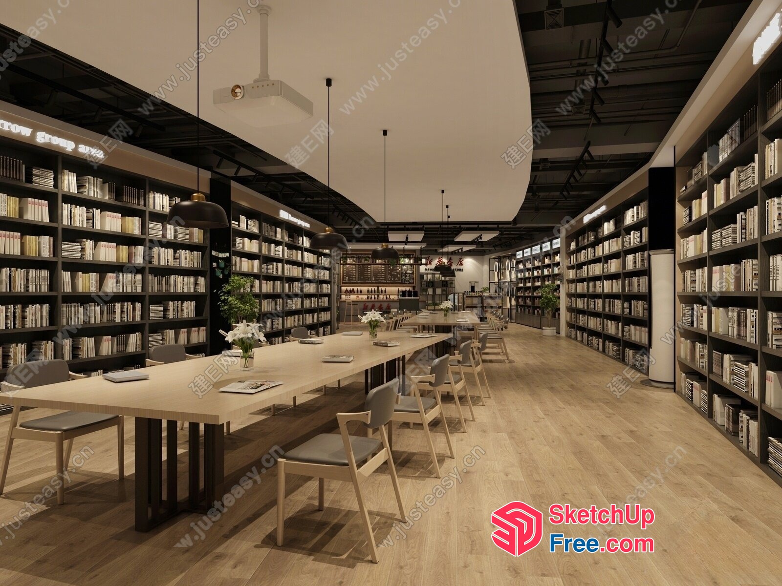 Modern Library Interior With Long Tables And Bookshelves 3D SketchUp File