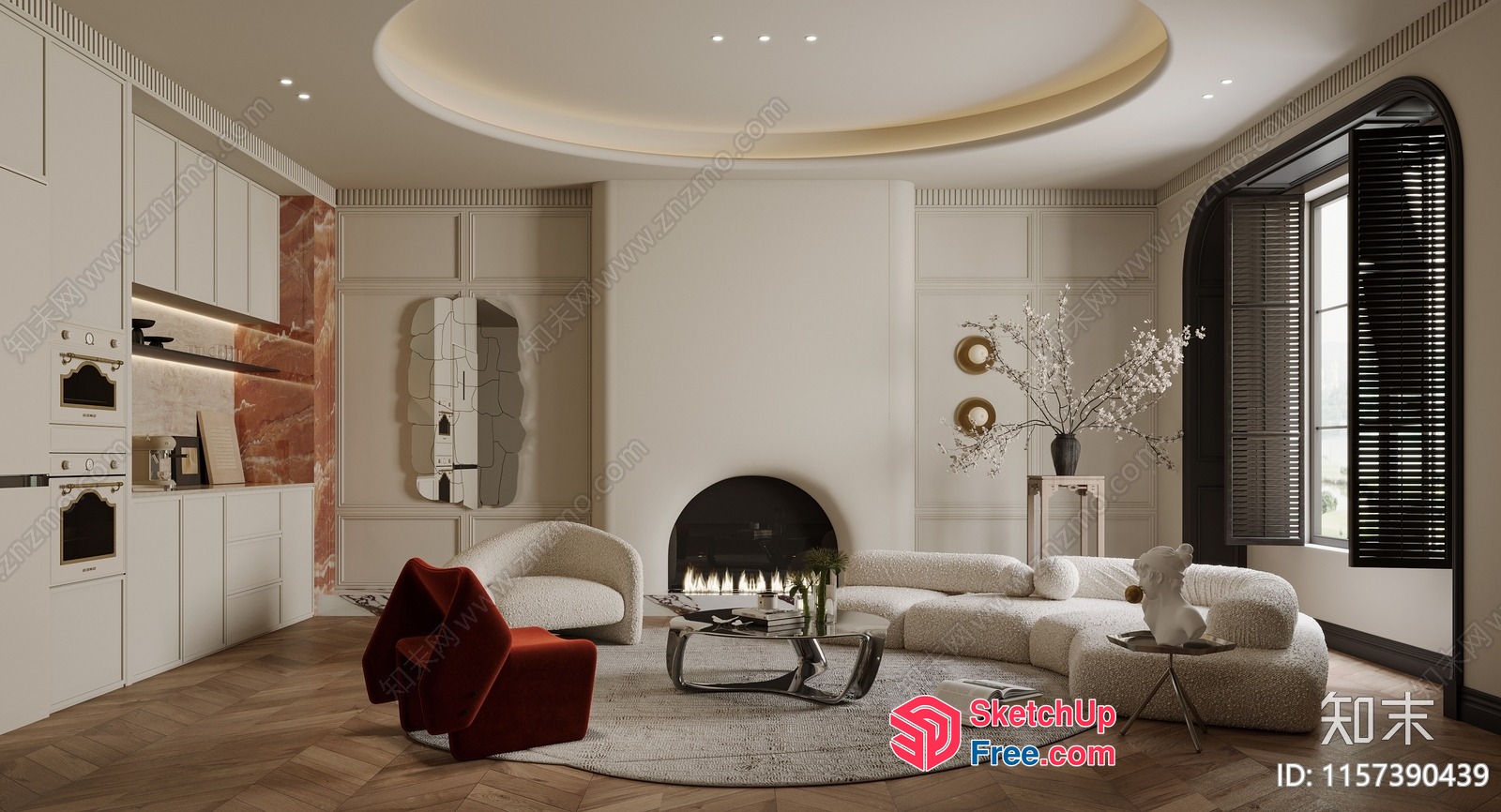 Modern Living Room With White Furniture And Fireplace 3D SketchUp File