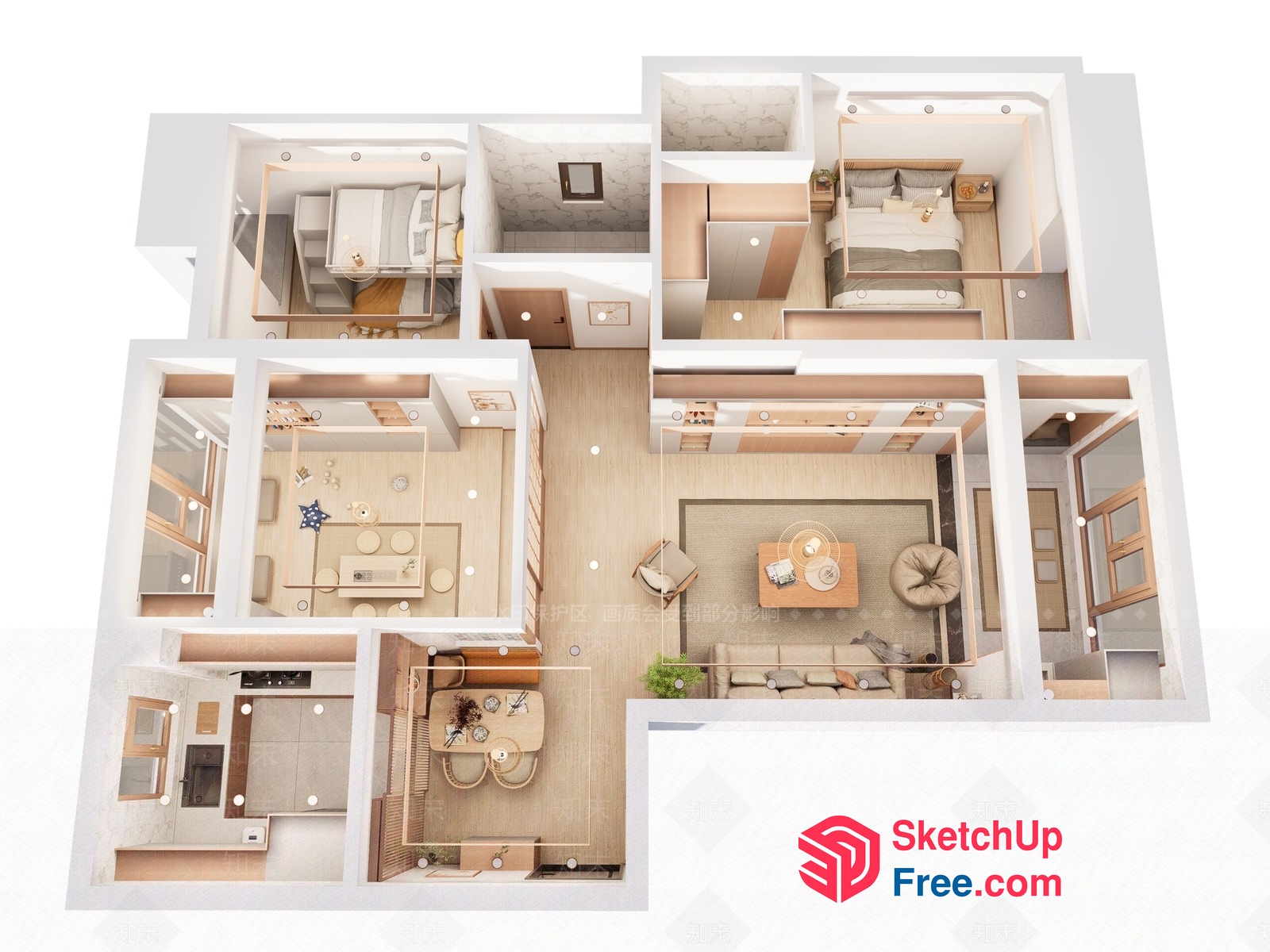 Modern Apartment Plan With Neutral Color Scheme And Natural Wood Accents 3D SketchUp File