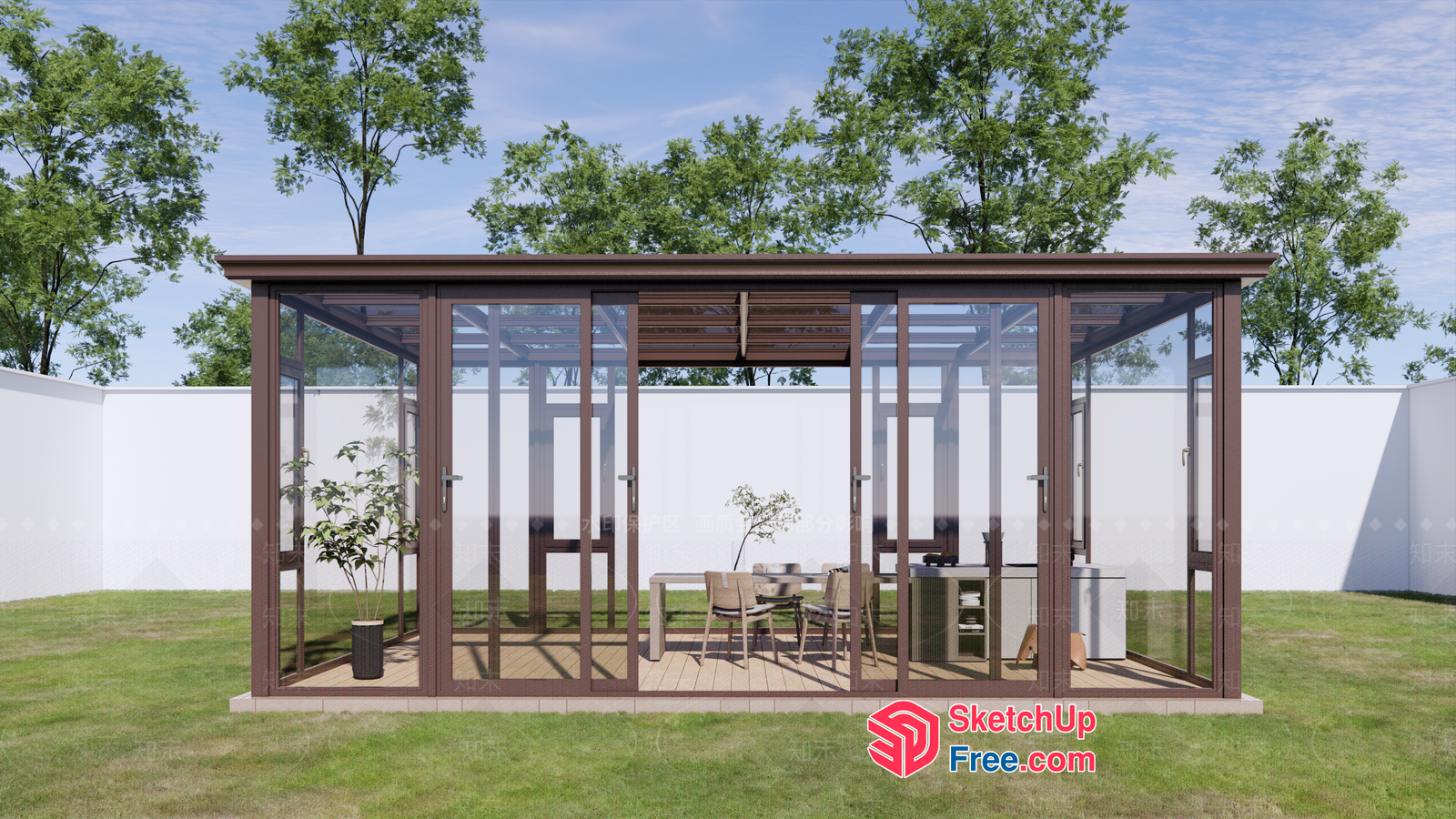Outdoor Glass Room With Wooden Floor And Ceiling 3D SketchUp File